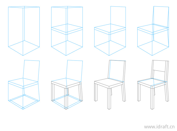 本教程一步一步的教你如何用两点透视法画一把椅子.